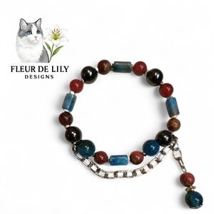 Natural 10mm Blue Apatite Red Agate Cloisonne and Hematite Bracelet 7.5 In